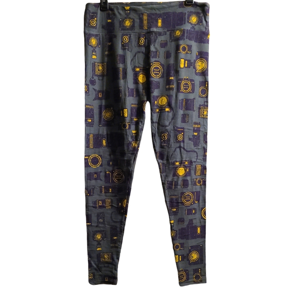LLR LuLaRoe Slate Blue Gray & Yellow Photography Camera Leggings Sz TC